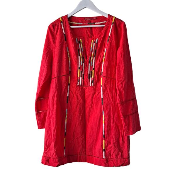 Prana Womens Boho Red Slit Front Long Sleeve Lacy Mini Dress / Tunic - Size L - Picture 1 of 11